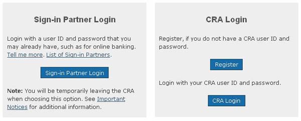 Representation of the links to Sign-in Partner Login, Register and CRA Login
