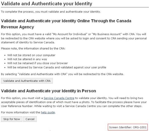 Representation of the links to Validate and Authenticate with CRA and ‘Skip for Now’. Buttons to Skip for Now or Cancel.