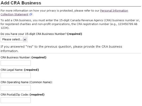 Representation of the drop-down menu options for Yes or No. Fields for CRA Business Number, CRA Legal Name, and CRA Postal/Zip Code