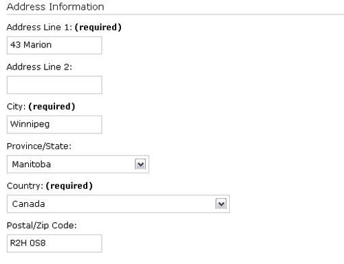 Representation of the Security Questions fields, Drop down menus with five security questions and answers.