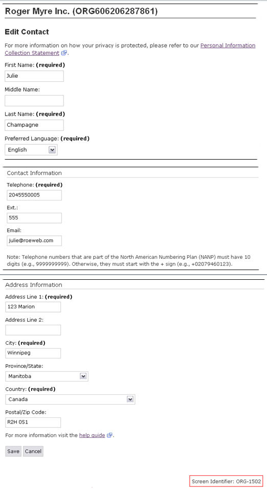 Representation of the fields of the Edit contact page.