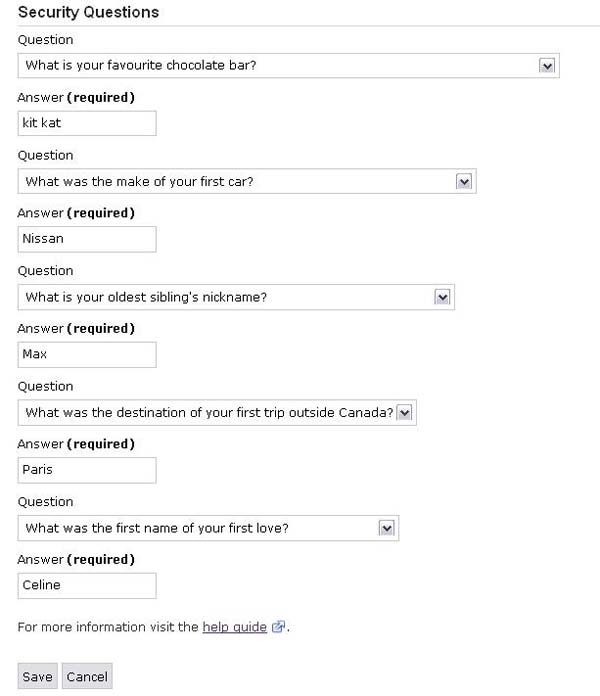Representation of the Security Questions fields, Drop down menus with five security questions and answers.