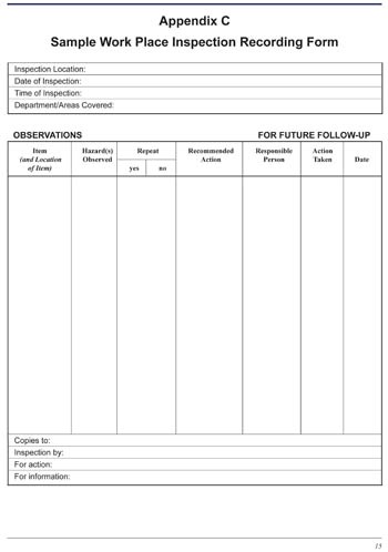 Sample Work Place Inspection Recording Form - description follows