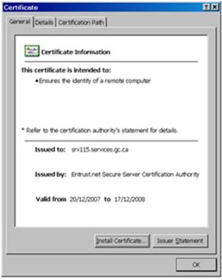 Informations générales et détaillées sur les certificats, comment installer un certificat et une option pour afficher l'énoncé de l'émetteur.