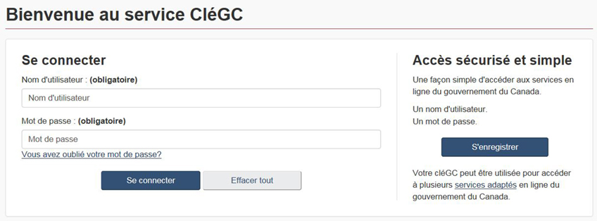 Représentation des champs de la page de connexion à CléGC.