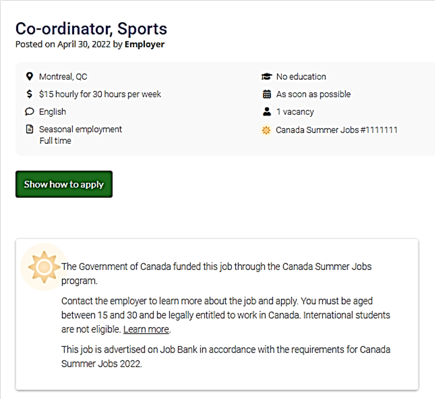 Example of a CSJ-funded position posted on Job Bank