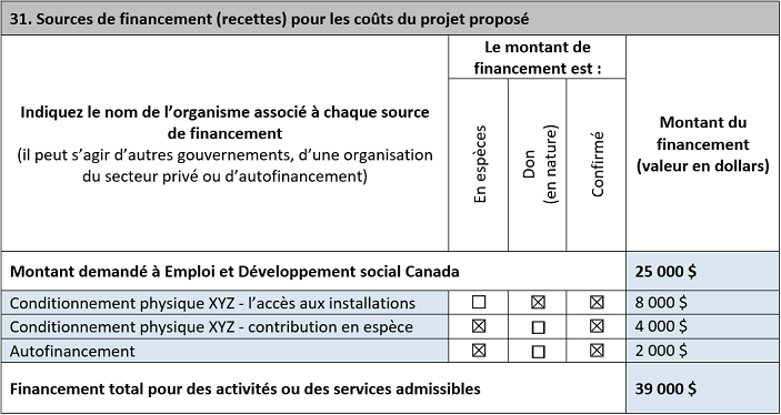 Image 2 : Sources de financement des coûts du projet proposé