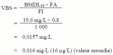 Figure 6 - L'équation utilisée pour calculer la valeur basée sur la santé (VBS) pour le bromate en utilisant l'approche par défaut (sans PBPK), pour fins de comparaison
