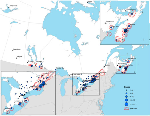 Figure 5. Nombre de cas de maladie de Lyme par municipalités d'acquisition, Canada, de 2009 à 2012.