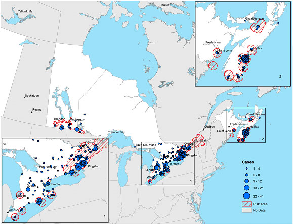 Figure 5. The numbers of reported Lyme disease cases by municipality of acquisition, 2009-2013.