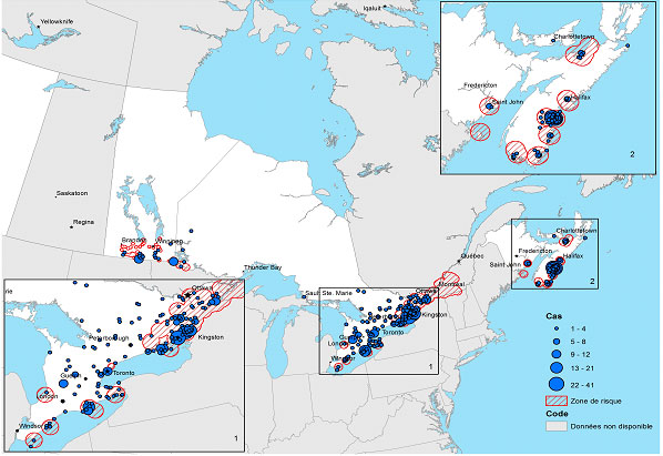 Figure 5. Nombre de cas de maladie de Lyme par municipalités d'acquisition, Canada, de 2009 à 2013.