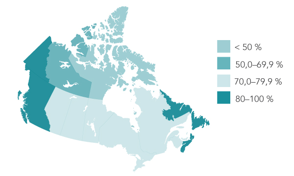 Carte du Canada - Répartition de la connaissance de l'acide folique au Canada. La description textuelle suit.