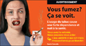 Plusieurs méfaits de la cigarette illustrés sur une jeune femme. (ex. rides prématurées, problèmes au niveau de la dentition et des yeux)