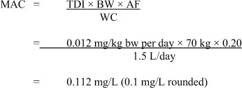 Figure 2 - The equation used for calculating the maximum acceptable concentration for MCPA