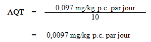 L'équation utilisée pour calculer la dose journalière tolérable (DJT) pour le toluène.