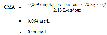 L'équation utilisée pour calculer la concentration maximale acceptable (CMA) pour le toluène.