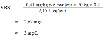 L'équation utilisée pour calculer la valeur basée sur la santé (VBS)  pour l'éthylbenzène selon l'évaluation de risque de cancer. 