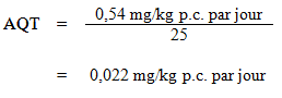 L'équation utilisée pour calculer la dose journalière tolérable (DJT) pour l'éthylbenzène selon l'évaluation de risque d'effets autres que le cancer. 