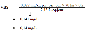 L'équation utilisée pour calculer la valeur basée sur la santé (VBS)  pour l'éthylbenzène selon l'évaluation de risque d'effets autres que le cancer. 