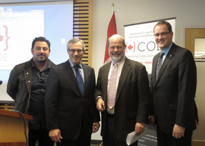 (From left to right) Ray Sharma, Founder and President of XMG Studio Inc., Minister Clement, John Hepburn, UBC Vice President Research & International, Dan Albas, Parliamentary Secretary to the President of the Treasury Board
