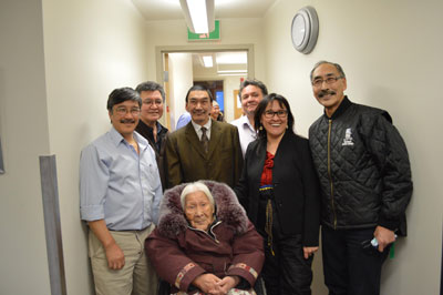 Officials cut the ribbon on the new hamlet office in Igloolik during the official opening ceremony.<br>
In the photo (Left to Right):
George Qulaut, Speaker of the Legislative Assembly and Member of the Legislative Assembly for Amittuq;
Tom Sammurtok, Minister of Community and Government Services;
Joseph Inooya, Mayor of Igloolik;
Peter Taptuna, Premier of Nunavut;
The Honourable Leona Aglukkaq, Minister of the Environment, Minister of the Canadian Northern Economic Development Agency, Minister for the Arctic Council and Member of Parliament for Nunavut;
Paul Quassa, Minister of Education and Member of the Legislative Assembly for Aggu; and
Hannah Uyarak, Igloolik elder.