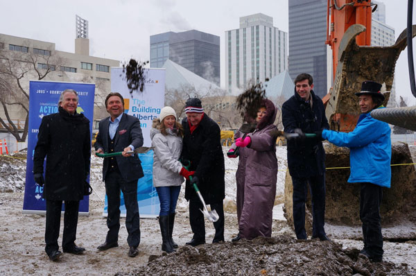 Participating in the Royal Alberta Museum groundbreaking event were (from left to right): Bob Walker, Vice President, Ledcor Construction; the Honourable Thomas Lukaszuk, Minister of Alberta Jobs, Skills, Training and Labour; the Honourable Rona Ambrose, Minister of Health Canada and Member of Parliament for Edmonton&mdash;Spruce Grove; the Honourable Laurie Hawn, Member of Parliament for Edmonton Centre; the Honourable Heather Klimchuk, Minister of Alberta Culture; his Worship Don Iveson, Mayor of Edmonton; and Mr. Francis Alexis, Historian with the Alexis Nakota Sioux Nation.