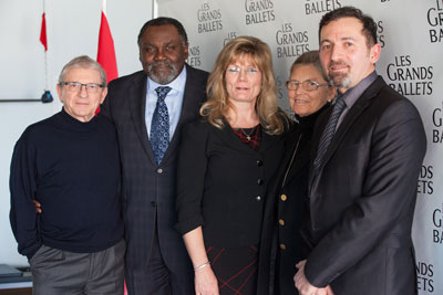 From Left to Right: Mr. Gradimir Pankov, Artistic Director of Les Grands Ballets Canadiens de Montréal, the Honourable Maka Kotto, Minister of Culture and Communications and Member of the National Assembly for Bourget, the Honourable Shelly Glover, Minister of Canadian Heritage and Official Languages and Member of Parliament for Saint Boniface, Madame Constance Pathy, President of Les Grands Ballets Canadiens de Montréal and Mr. Alain Dancyger, Executive Director of Les Grands Ballets Canadiens de Montréal.