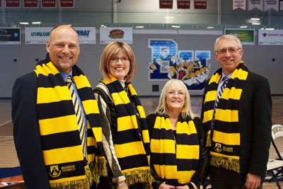 From left to right: Attending the Brandon University Healthy Living Centre partnership celebration were the Member of the Legislative Assembly for Brandon East, Drew Caldwell, on behalf of the Honourable Stan Struthers, Minister of Municipal Government, the Mayor of Brandon, Shari Decter Hirst, Brandon University President, Dr. Deborah Poff, and the Member of Parliament for Brandon&mdash;Souris, Larry Maguire, on behalf of the Honourable Denis Lebel, Minister of Infrastructure, Communities and Intergovernmental Affairs, and Minister of the Economic Development Agency of Canada for the Regions of Quebec.