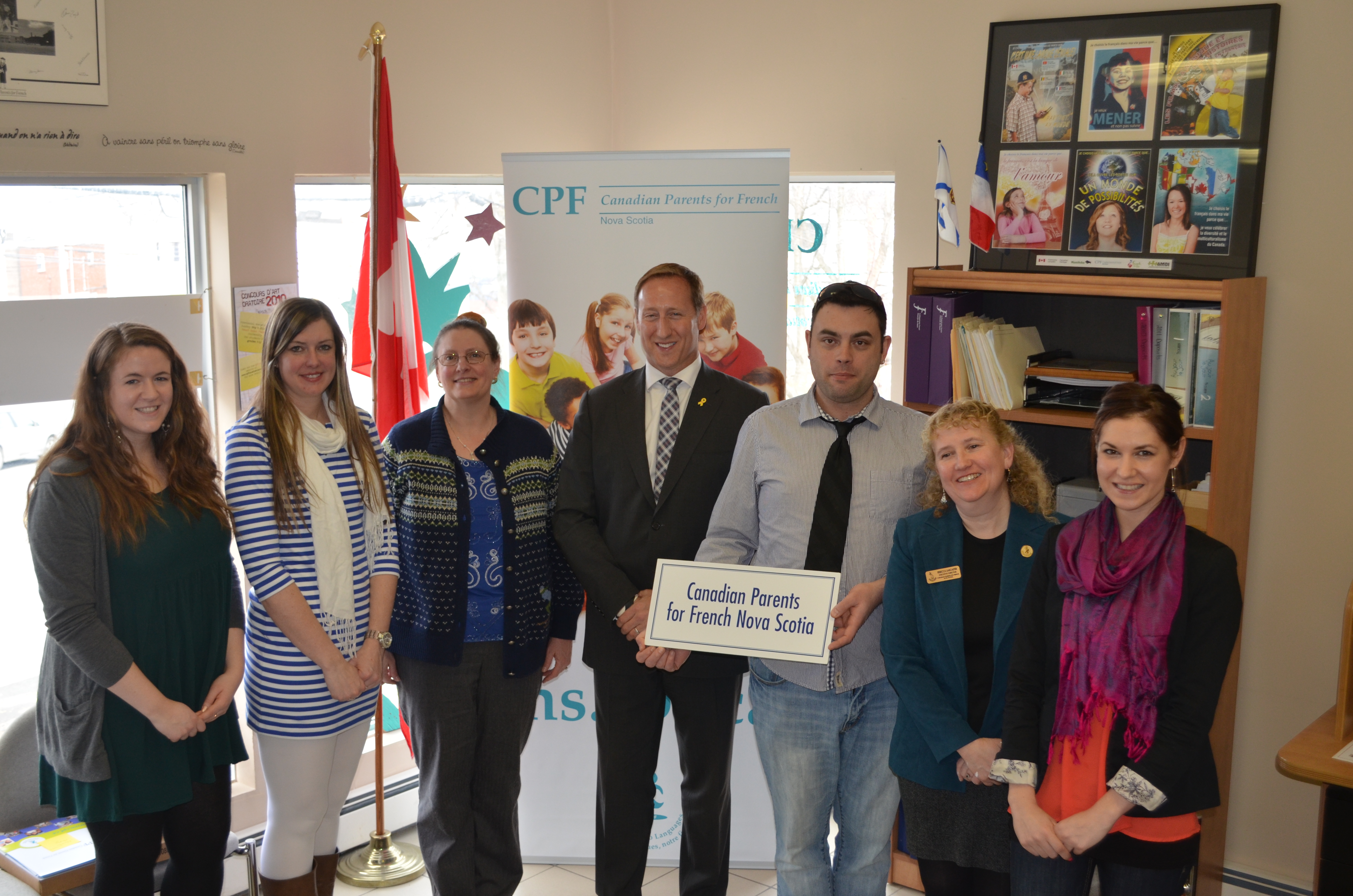 From left to right: Avery McNeish; Meghan McCarther, Program Coordinator; Joan Dobbie, President, CPF Halifax Peninsula and Mainland South; Minister Peter MacKay; Dave Wentworth, President, CPF Nova Scotia; Rebecca Lancaster, Executive Director; and Stephanie Carver, Vice President, CPF Nova Scotia.