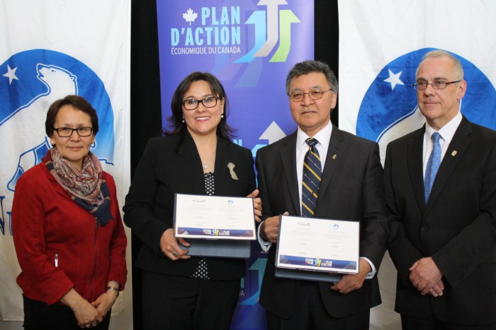 Mayor Jeannie Ehaloak of Cambridge Bay, Minister Leona Aglukkaq, Minister Tom Sammurtok and Mayor John Graham of Iqaluit celebrate the renewed federal Gas Tax Fund in Nunavut.