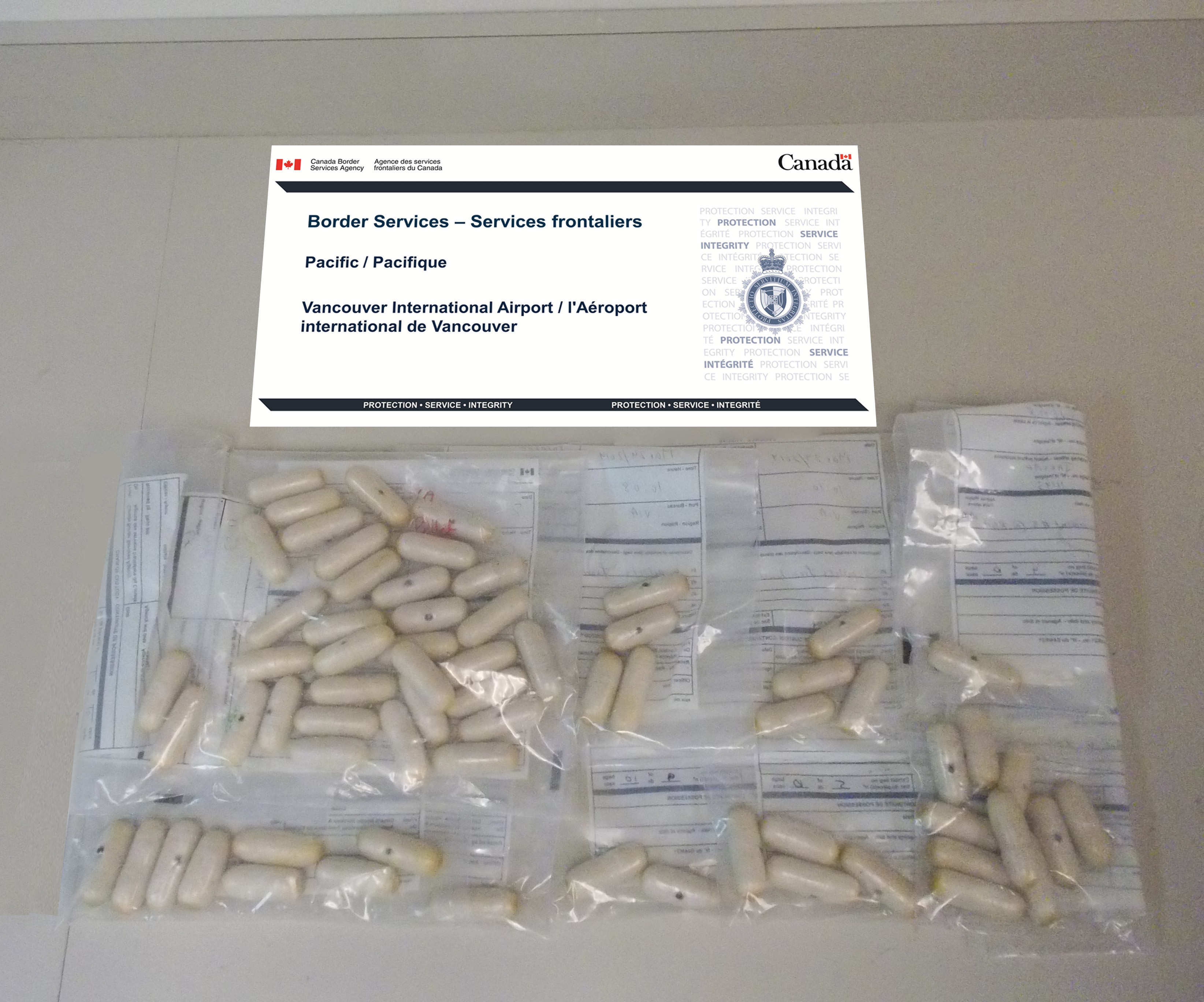 CBSA intercepted a traveller at Vancouver International Airport carrying 67 pellets of 'suspected heroin' internally.