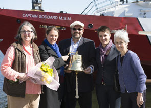 Sally, Kate, Tim and Victoria Goddard, and Great Aunt Anne West, in front of CCGS Captain Goddard M.S.M during her launch May 17, 2014 at Halifax Shipyard. The ninth Hero-class Mid-Shore Patrol Vessel is named for their daughter Captain Nichola Goddard, Canada¿s 1st female soldier to die in combat in Afghanistan. 