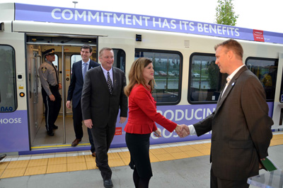 Minister Ambrose, Minister Drysdale and Mayor Iveson arriving at South Campus Station to announce support for the Edmonton LRT Valley Line Stage 1.