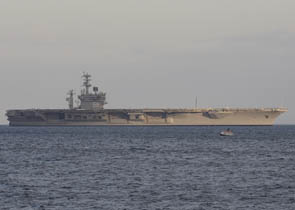 United States Ship (USS) Nimitz (CVN68) arrives in Victoria, British Columbia on 13 June 2014.