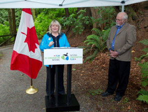 Minister Kerry-Lynne Findlay with MP Robert Sopuck,  announcing up to $24,000 to the Stanley Park Ecology Society to restore a salmon-bearing stream in Vancouver`s Stanley Park. Vancouver. 