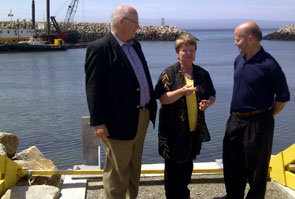 On June 24, 2014, the Honourable Gail Shea, Minister of Fisheries and Oceans, visited Saulnierville Harbour after she announced significant funding for Cape St. Mary and Saulnierville Harbours. (L-R) Greg Kerr, MP for West Nova; Minister Shea; and Noel Despres, Comeau Seafood.