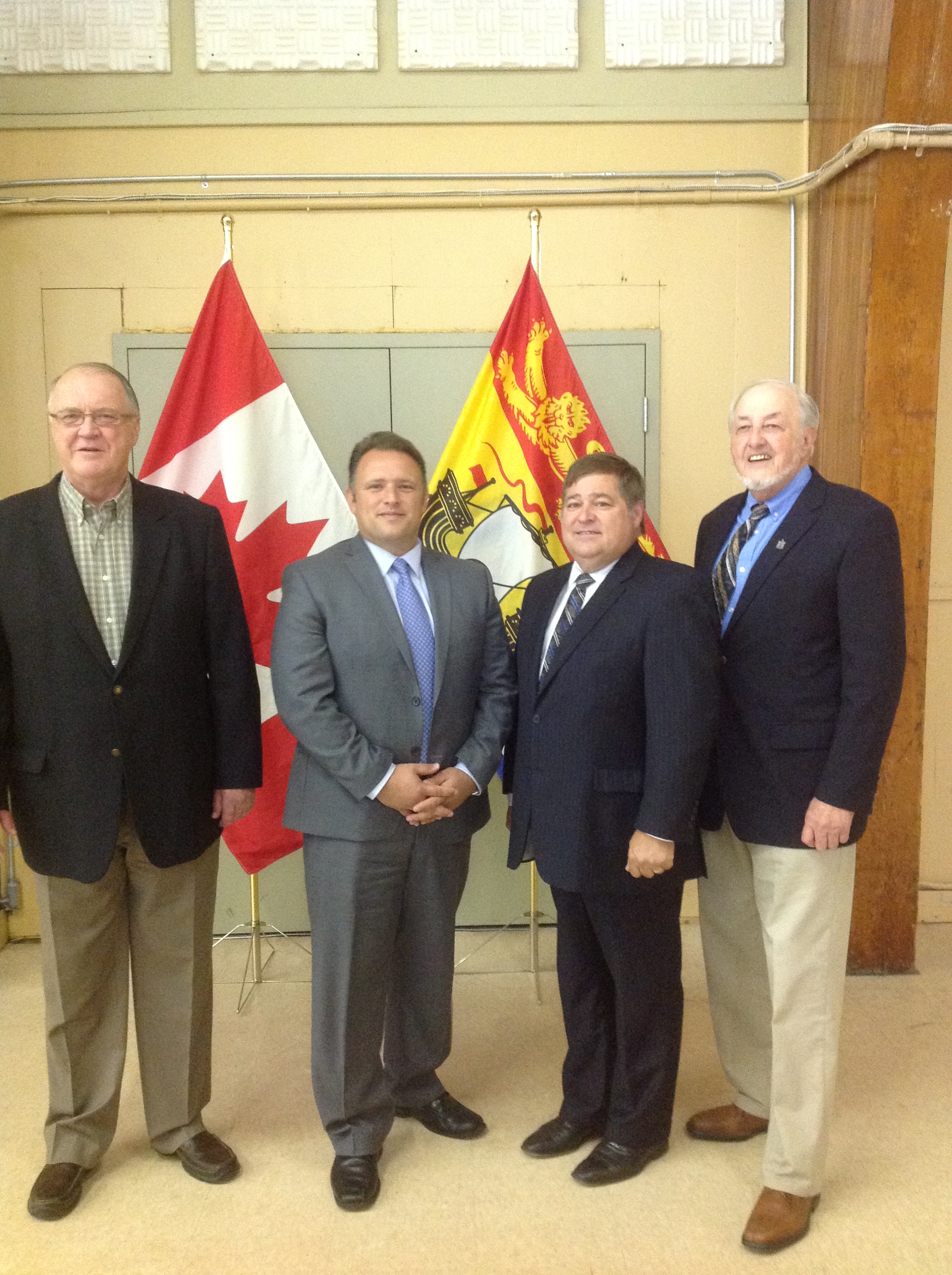 From left to right: The Honourable Keith Ashfield, Member of Parliament for Fredericton, the Honourable Rob Moore, Regional Minister for New Brunswick and Minister of State (Atlantic Canada Opportunities Agency), the Honourable Claude Williams, Minister of Transportation and Infrastructure of New Brunswick and Wayne Steeves, MLA for Albert, during an important event related to Wastewater Infrastructure Upgrades in New Brunswick.