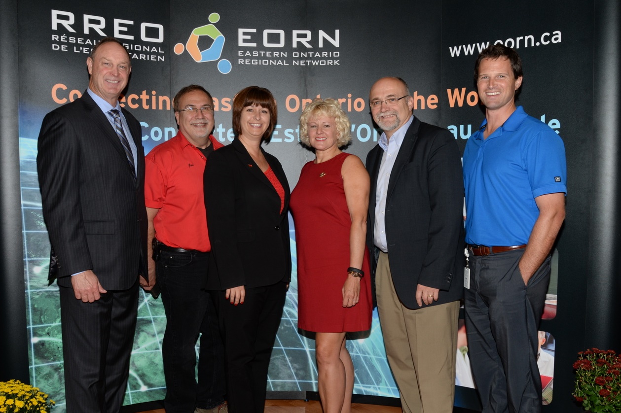 (From left to right): John Yakabuski, Member of Provincial Parliament for Renfew-Nippising-Pembroke, Joe Kowalski, Owner, Wilderness Tours, Marie-France Lalonde, Member of Provincial Parliament for Ottawa¿Orleans, and Parliamentary Assistant to the Minister of Economic Development, Employment and Infrastructure (Economic Development), Cheryl Gallant, Member of Parliament for Renfrew¿Nipissing¿Pembroke, Peter Emon, Warden for the County of Renfrew and Luke Barker, Implementation Manager, Bell Aliant, at the EORN ¿ Ottawa Valley North Launch event.

