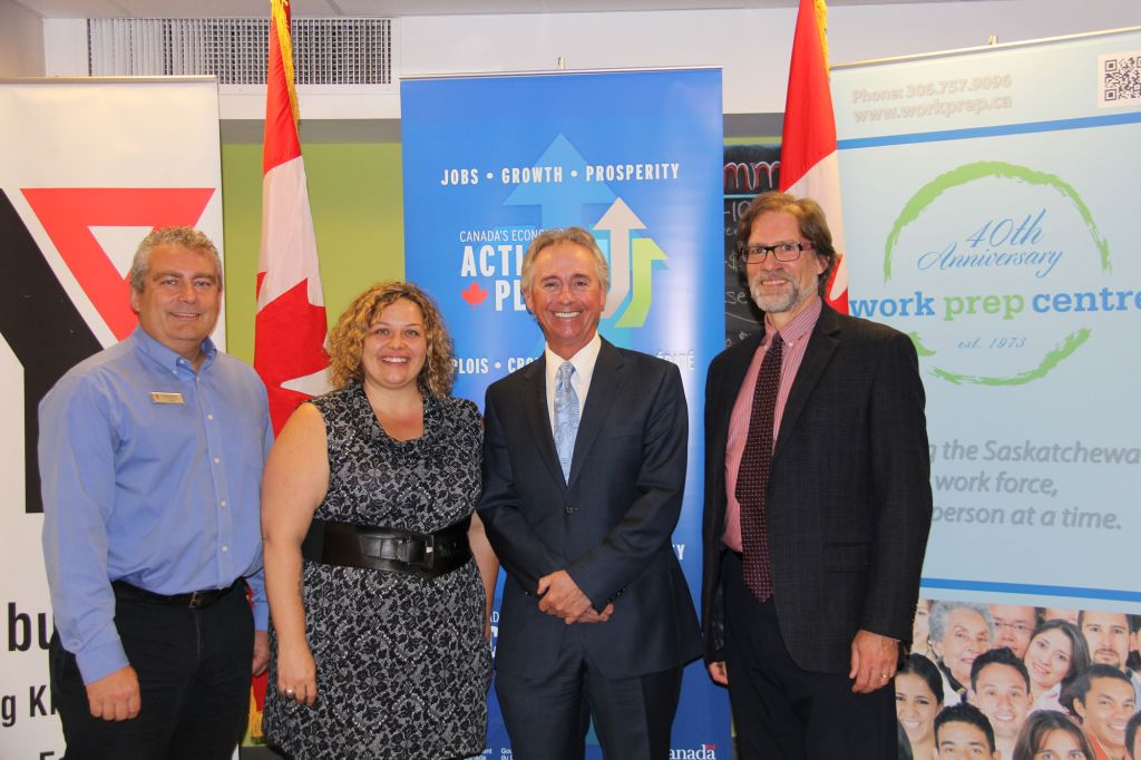 From L to R: Mr. Randy Klassen, Chief Executive Officer, YMCA of Regina; Ms. Melissa Coomber-Bendtsen, General Manager, Community Development, YMCA of Regina; Mr. Lukiwski; and Mr. Chris Bailey, Executive Director, Regina Work Preparation Centre.