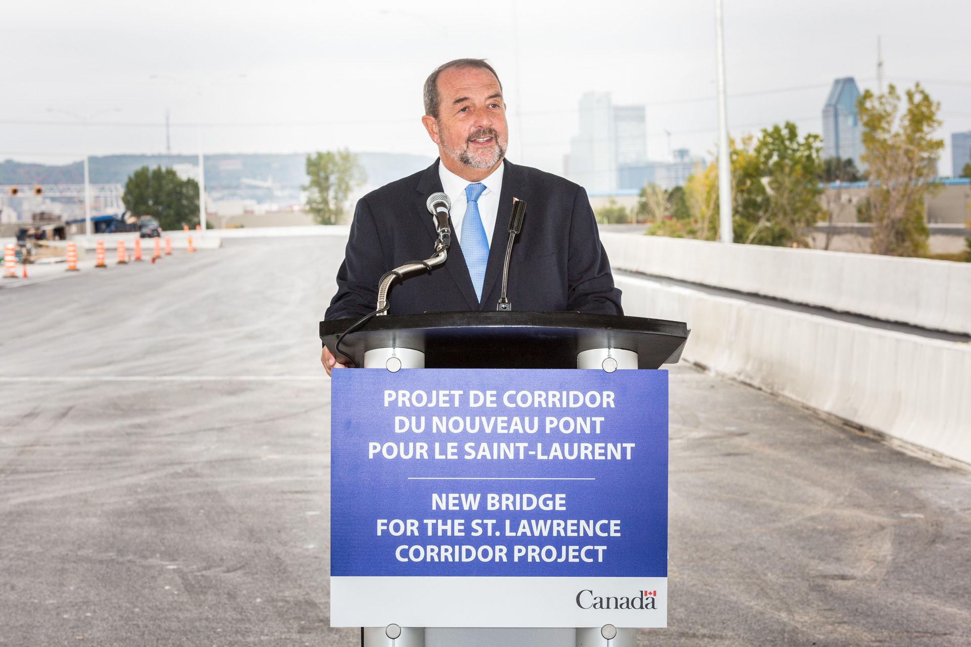 Minister Lebel  announces the completion of the Île des Soeurs temporary causeway-bridge, an important milestone in the new bridge for the St. Lawrence corridor project.