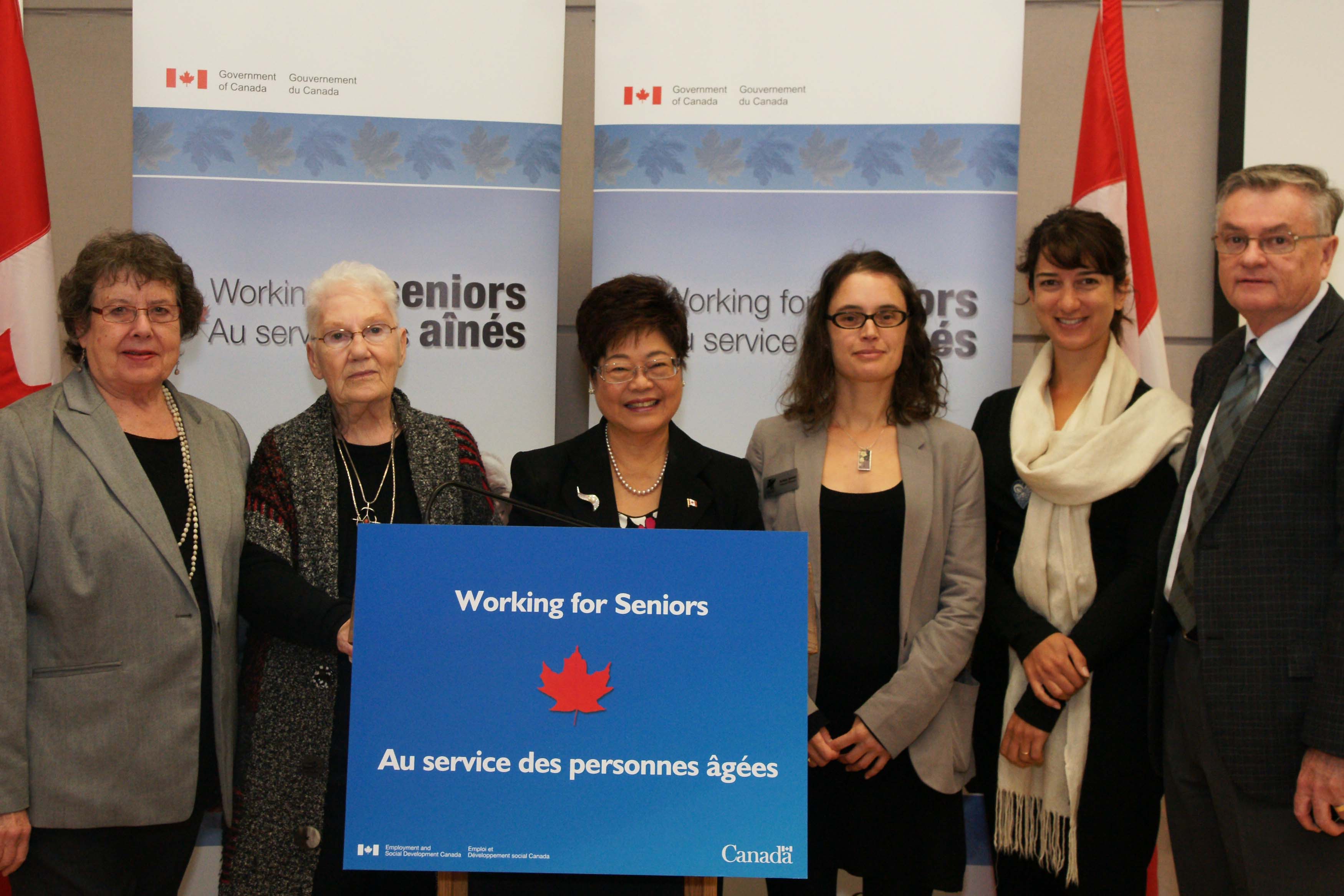 Ms. Sherry Baker, Management Team member, Canadian Network for the Prevention of Elder Abuse; Ms. Jill Hightower, Older Women's Dialogue Project advisory committee; Minister Wong; Ms. Krista James, National Director, Canadian Centre for Elder Law; Ms. Kasari Govender, Executive Director, West Coast Legal Education and Action Fund; and Mr. Jim Emmerton, Executive Director, Canadian Centre for Elder Law/BC Law Institute.