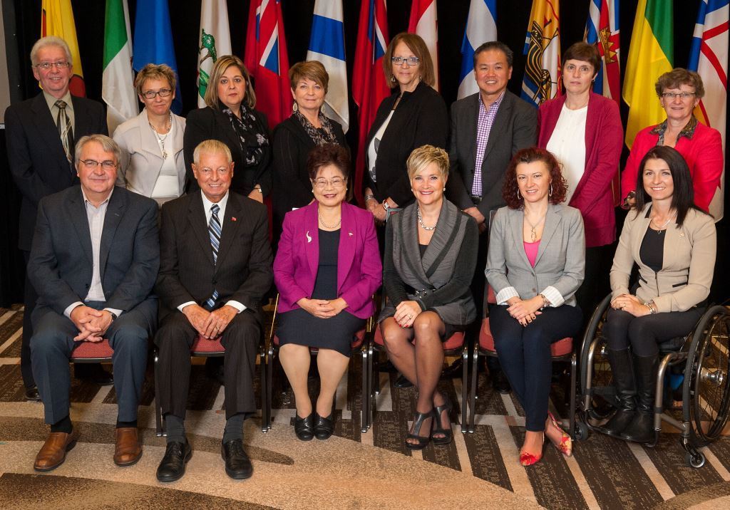 First row (from left to right)

Clyde Jackman (Newfoundland and Labrador); Mario Sergio (Ontario);
Alice Wong; Valerie Docherty (Prince Edward Island); Sharon Blady (Manitoba); Michelle Stilwell (British Columbia).

Second row (from left to right)

Bruce Oliver (New Brunswick); Catherine Ferembach (Quebec); Kimberly Kratzig (Saskatchewan); Sue Cullen (Northwest Territories); Paddy Meade (Yukon); Ernie Hui (Alberta); Gogi Greeley (Nunavut); Frances Martin (Nova Scotia).
