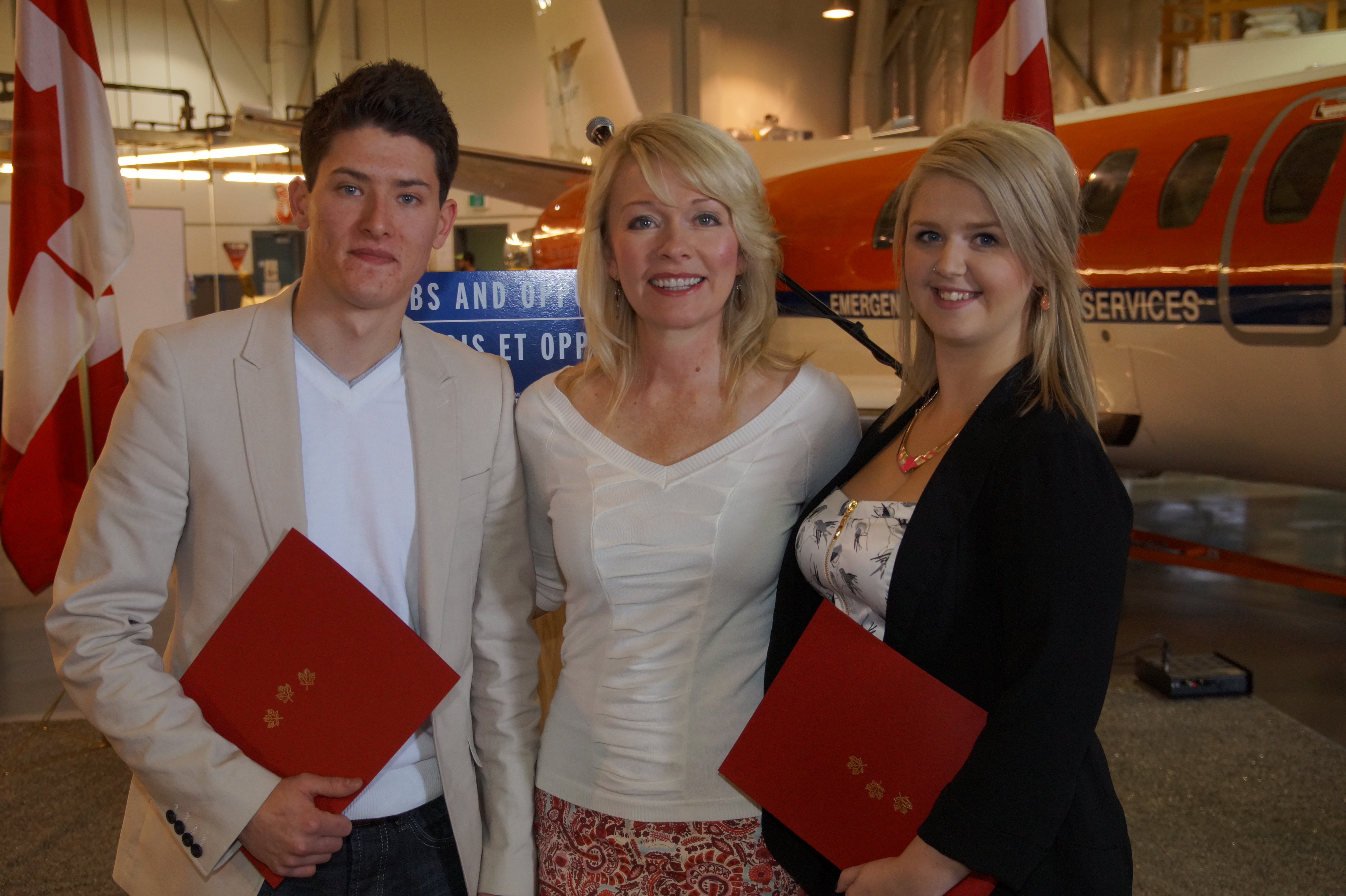 Minister Bergen with apprenticeship completion certificate recipients, Nicholas Girouard, Agriculture Equipment Technician and Danielle Bergen, Hairstylist.