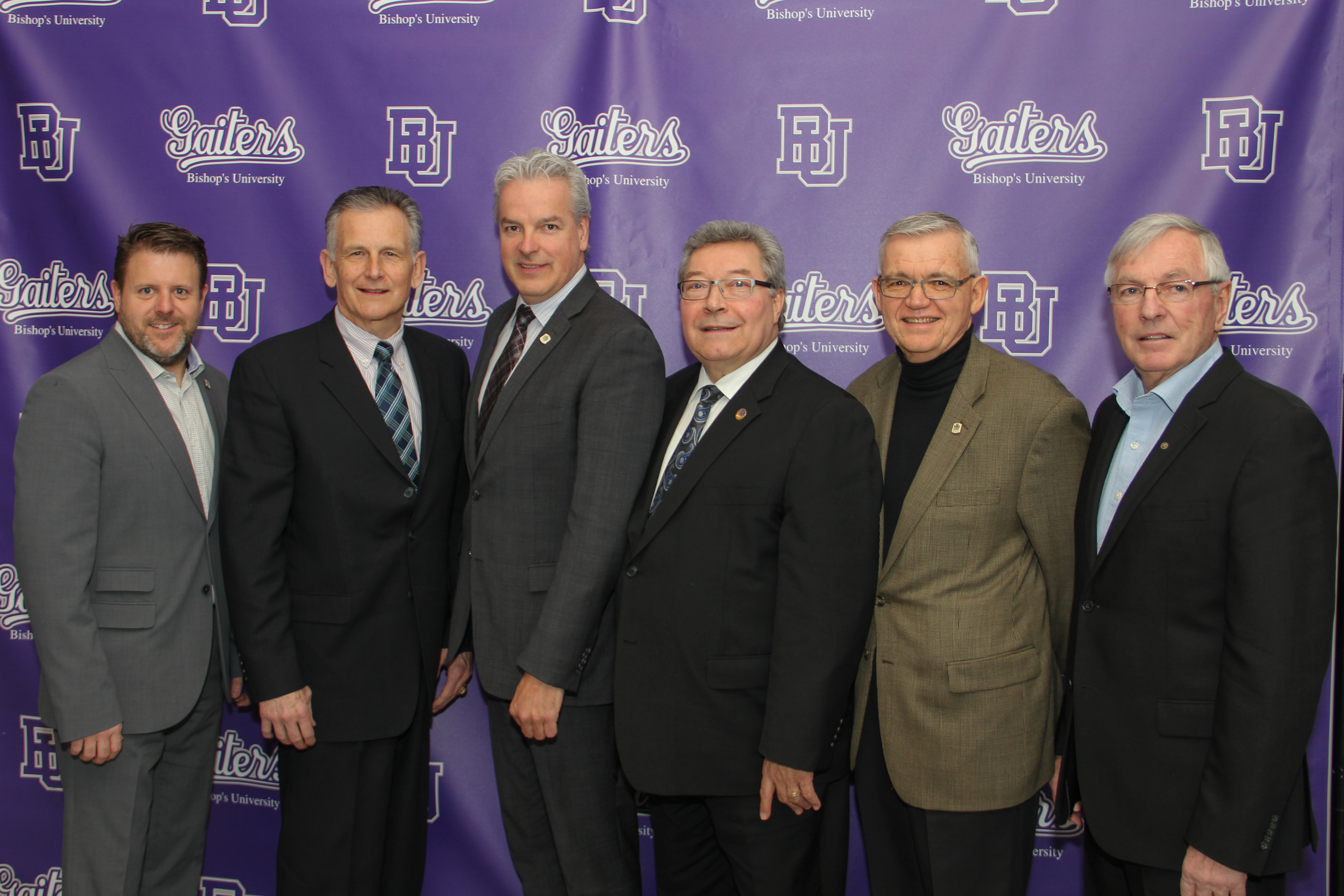 From Left to Right:  Bruno Vachon, city councillor for Sherbrooke, Senator Larry Smith, Bernard Sévigny, Mayor of the City of Sherbrooke, Guy Hardy, Member of the National Assembly for Saint-François, David Price, Board Chair of the Lennoxville District, as well as Jean Perreault, former Mayor of the City of Sherbrooke at the inauguration of the new facilities at the John H. Price Sports and Recreation Centre at Bishop's University.