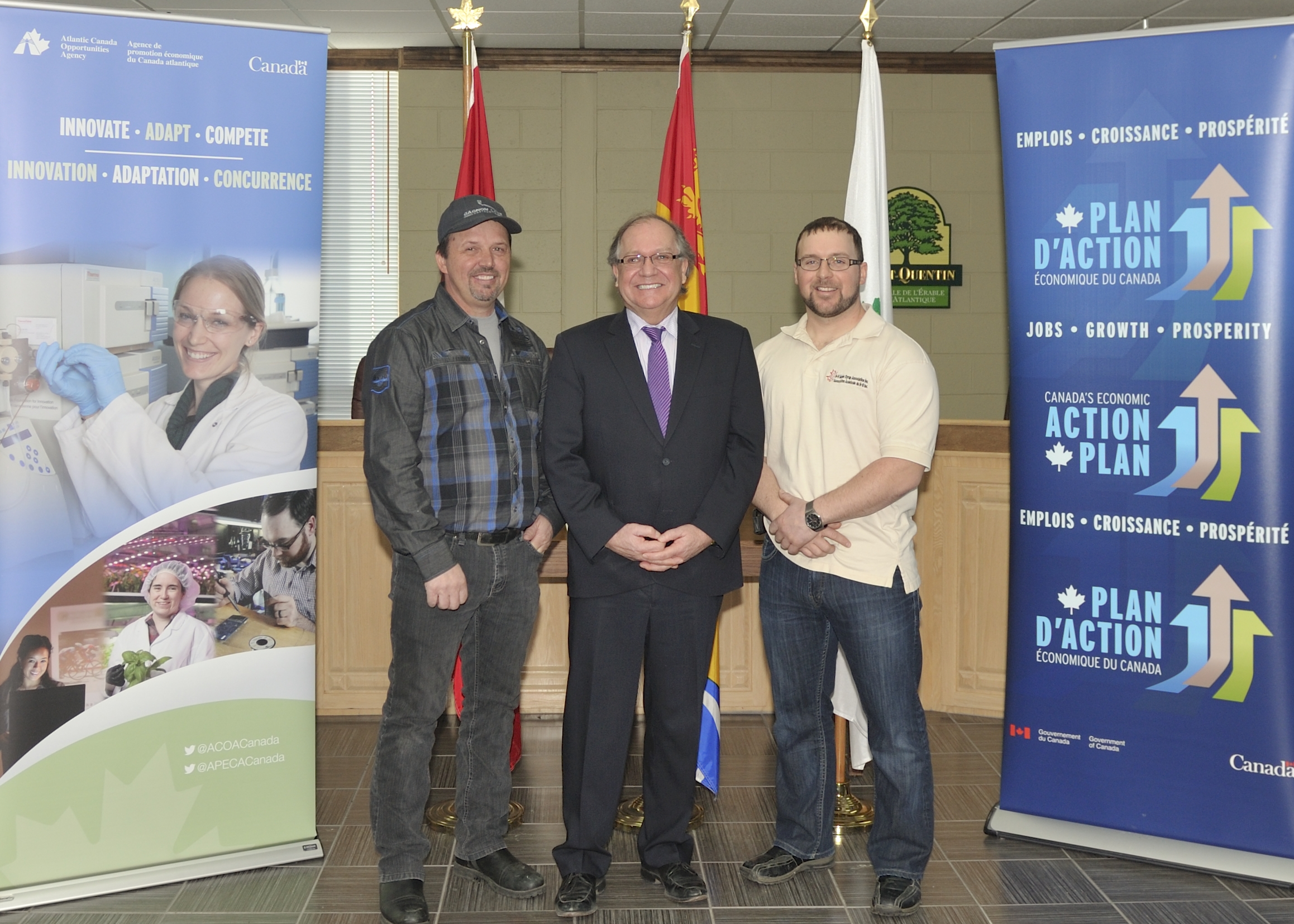 The Honourable Bernard Valcourt, Minister of Aboriginal Affairs and Northern Development and Member of Parliament for Madawaska-Restigouche announced investments totaling nearly $1.4 million by the federal government to support the expansion and improve the competitiveness of numerous maple syrup producers in Northern New Brunswick. 

The government support will help 7 maple syrup industry projects in the Madawaska-Restigouche region including various upgrades, setting up electric transmission lines to more remote operations, equipment purchases, renovations, expansions and modernizations.

The picture taken after the announcement shows from left to right, Réjean Fortier, President of Electrique Maple and spokesperson on behalf of the funding recipients, Minister Bernard Valcourt, and Jean-François Laplante, President of the New Brunswick Maple Syrup Association.
