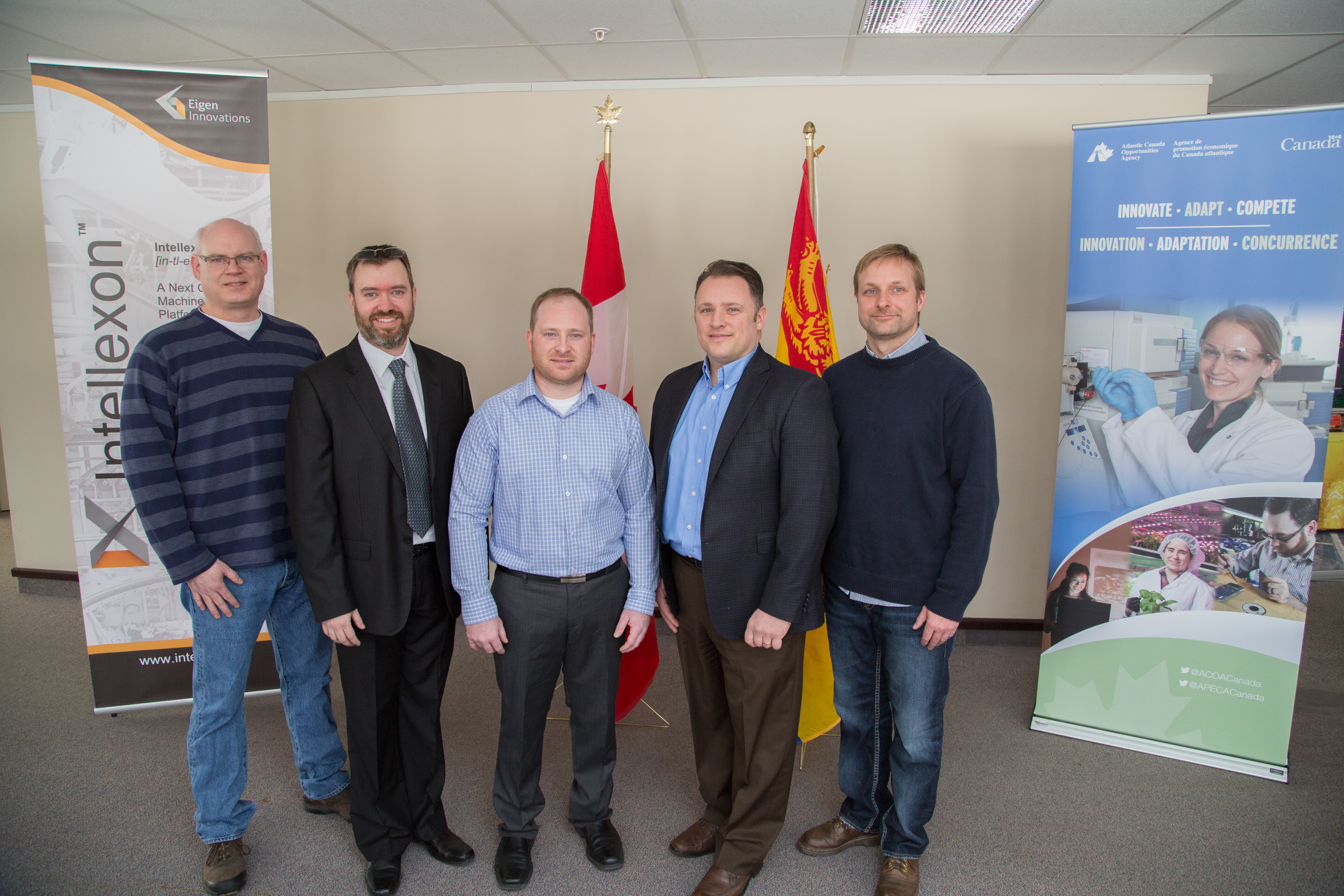 Eigen Innovations will further expand the development of its software to optimize manufacturing and industry processes, thanks to investments by the Government of Canada.

Eigen Innovations¿ first project will help enhance the company¿s existing software, develop new software and standardize an IT hardware platform.  A second project involves the hiring of a Senior Technical Architect, enhancing the company¿s ability to respond to customer requests.   

Pictured here (left to right) are: Mark Faulkner, Senior Application Developer for Eigen Innovations; Ian Delong, Director of Solutions Delivery; Scott Everett, Co-founder and Chief Technology Officer; the Honourable Rob Moore, Regional Minister for New Brunswick and Minister of State (Atlantic Canada Opportunities Agency); Mike Tyler, Chief Architect.
