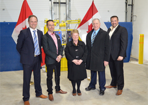 Minister Shea and MP Goguen pose for a picture after a tour of Xtreme Cold¿s future warehouse. From left to right: Jacques Fournier, Cargo Development - Greater Moncton International Airport; Paul Farrah, President and CEO of Xtreme Cold; Minister Gail Shea, MP Robert Goguen and Gilles D. Godin, Vice President Operations ¿ Xtreme Cold.