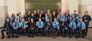 Senator Nancy Greene Raine, Royal Canadian Geographical Society Governor Joseph Frey, Coast Guard Assistant Commissioner Roger Girouard, Director of Fleet Joanne McNish and Captain Bill Noon, and the CCG crew award recipients from the CCGS Sir Wilfrid Laurier celebrate the role of the Canadian Coast Guard during the 2014 Franklin expedition.