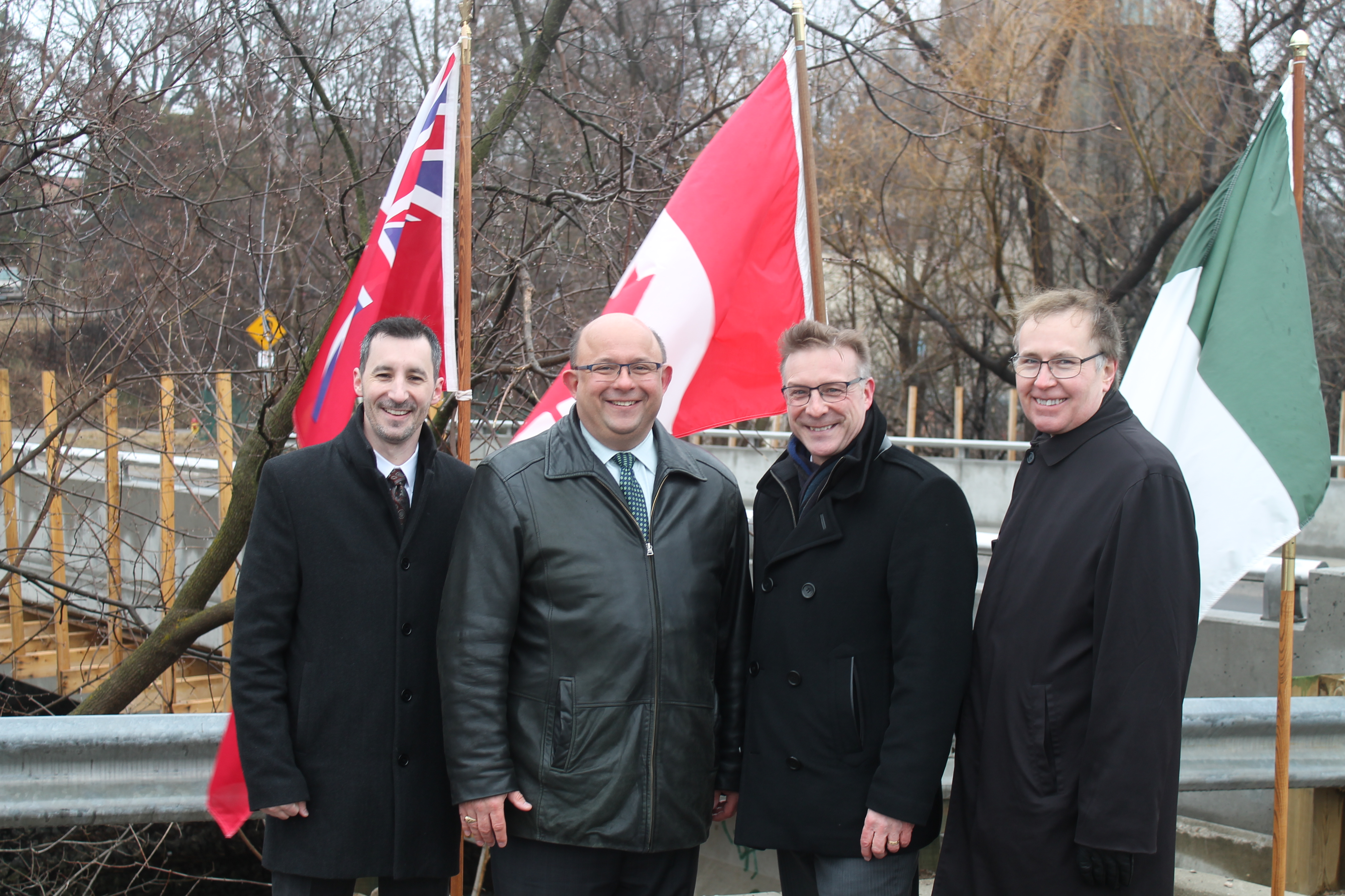From left to right: Scott Davey, Ward 1 Councillor, His Worship Berry Vrbanovic, Mayor of Kitchener, Peter Braid, Parliamentary Secretary for Infrastructure and Communities and Member of Parliament for Kitchener-Waterloo, Stephen Woodworth, Member of Parliament for Kitchener Centre