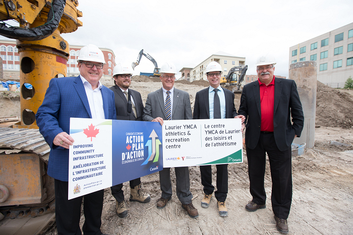 From left to right: Phil McColeman, Member of Parliament for Brant; Chris Friel, Mayor of Brantford; Dr. Max Blouw, President and Vice-Chancellor, Wilfrid Laurier University; Jim Commerford, President & CEO, YMCA of Hamilton/Burlington/Brantford; and the Honourable Dave Levac, Member of Provincial Parliament for Brant.